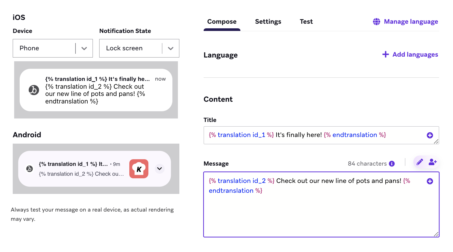 Push notification composer with translation tags added to the title and message fields.