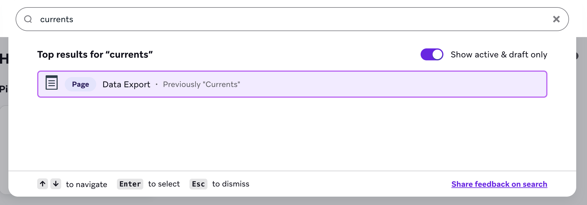 Results for the search "currents" showing: "Data Export. Previously 'Currents'."