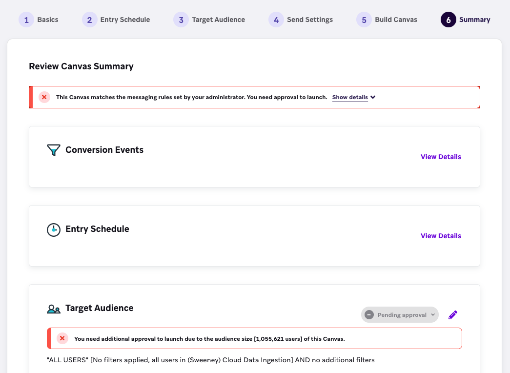 The "Summary" step of the Canvas workflow that shows you need an approval to launch.