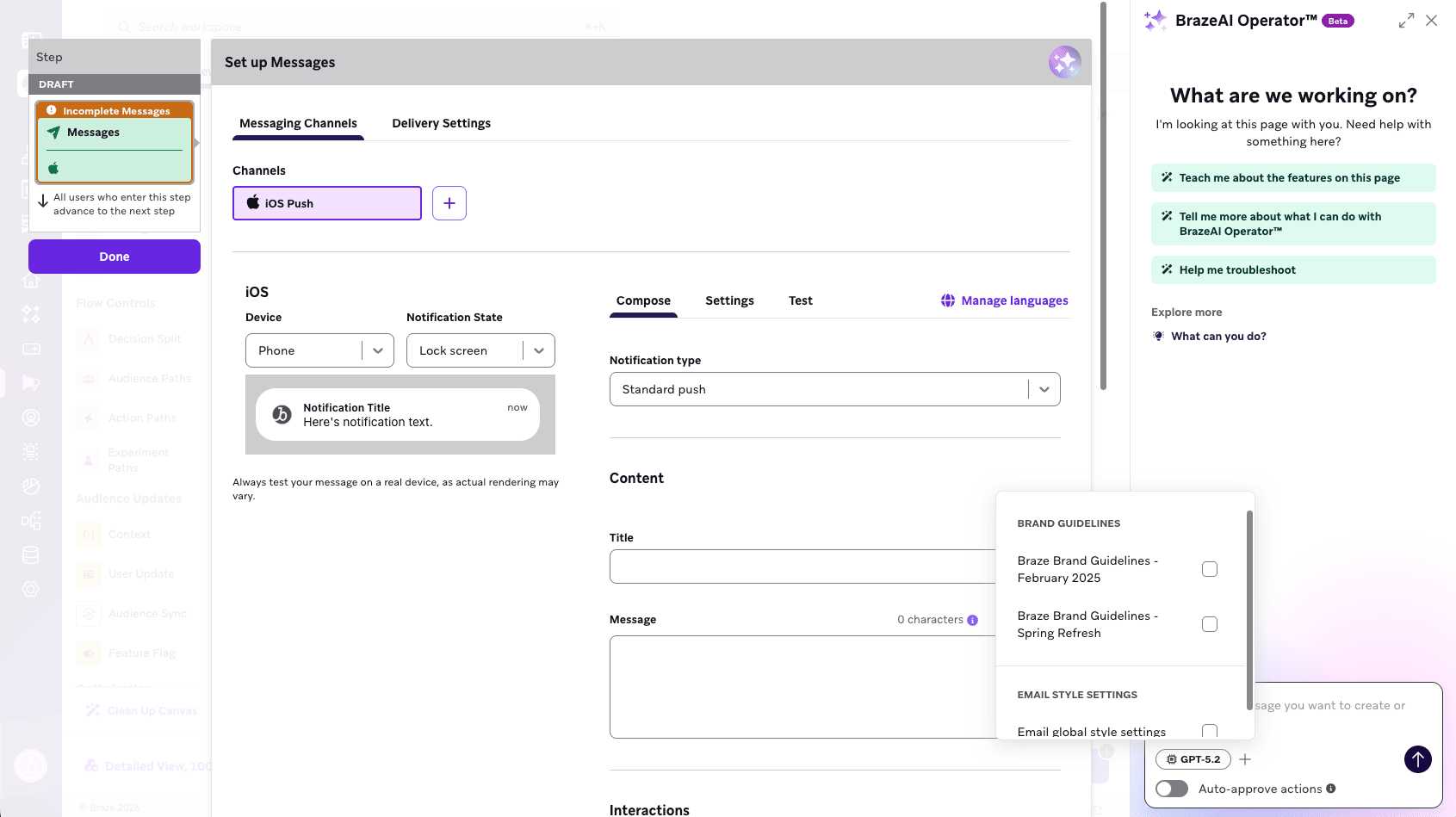 Selecting brand guidelines in the Operator chat panel.