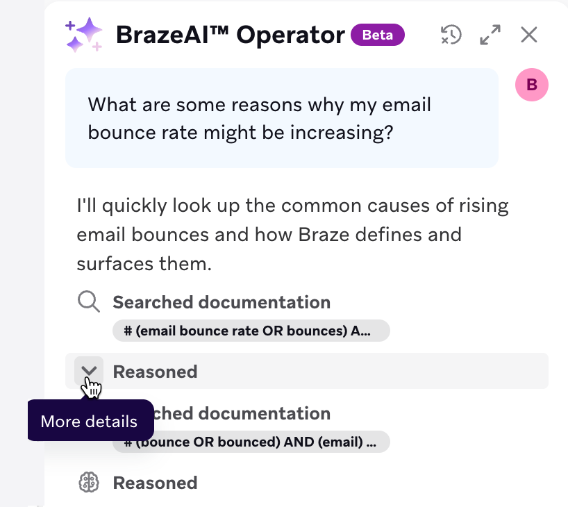 Dropdown for "Reasoned" expanded with more details on how Operator answered.