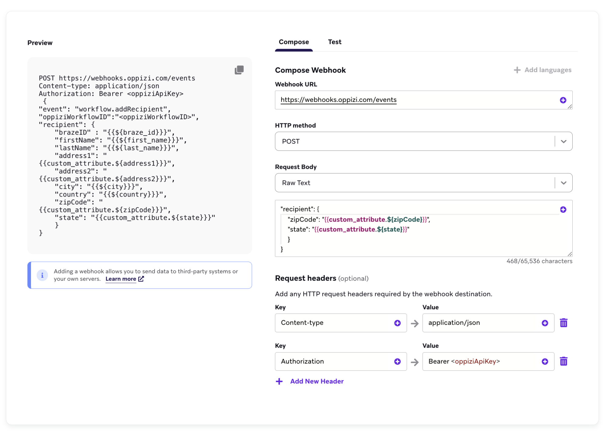 An example of a Oppizi webhook template in Braze.