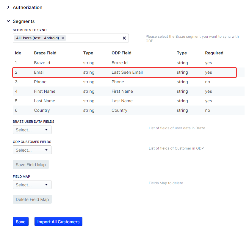 Optimizely and Braze segment map fields.