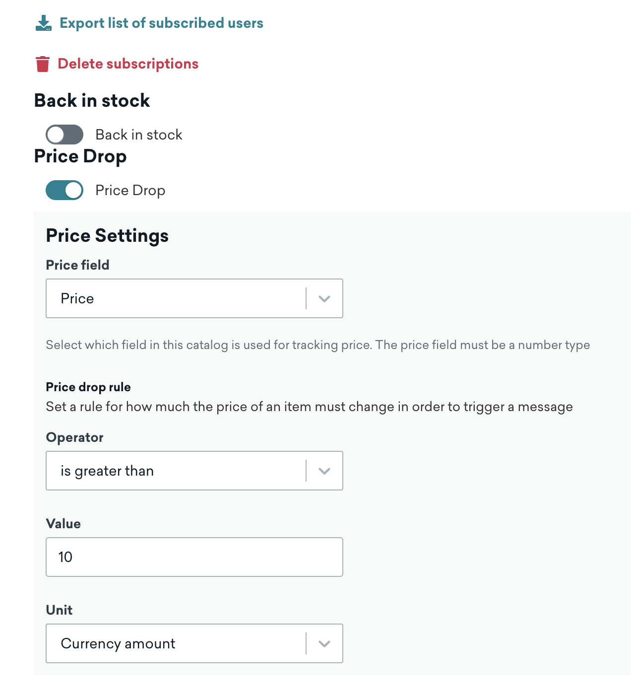 Catalog settings that show the price drop feature turned on. The price drop rule is a change of three percent to the original price.