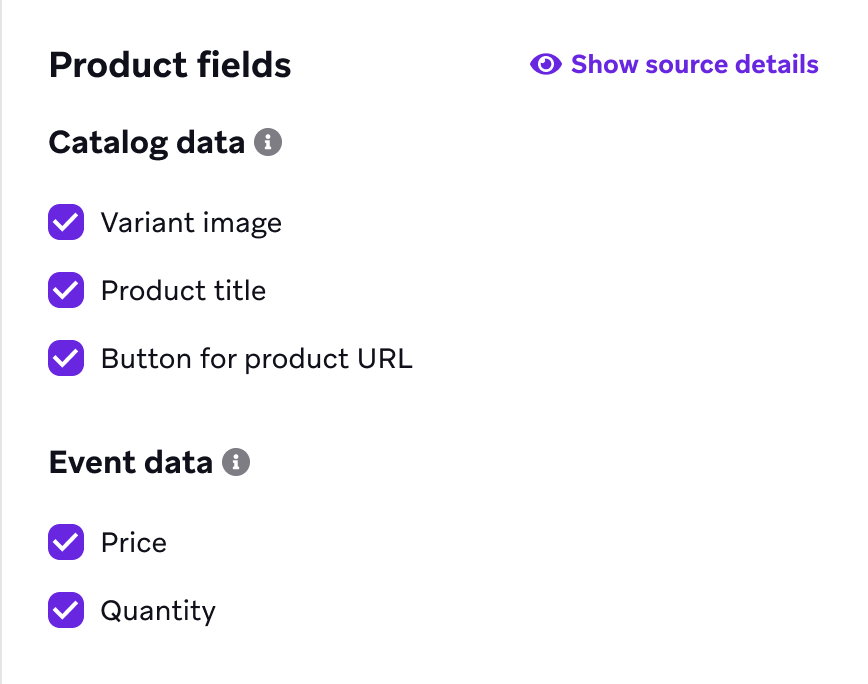 Product fields for a dynamic product block, which are divided into catalog data and event data
