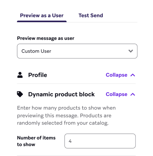 "Preview as a User" tab with a dropdown section "Dynamic product block" that specifies to show 4 items.