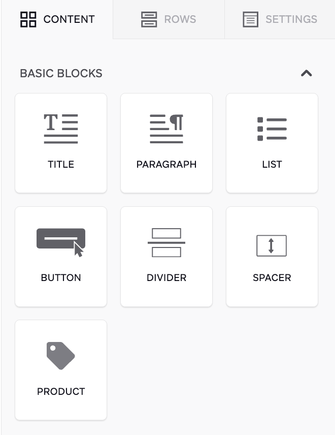 The "Content" tab containing editor blocks, such as product blocks.