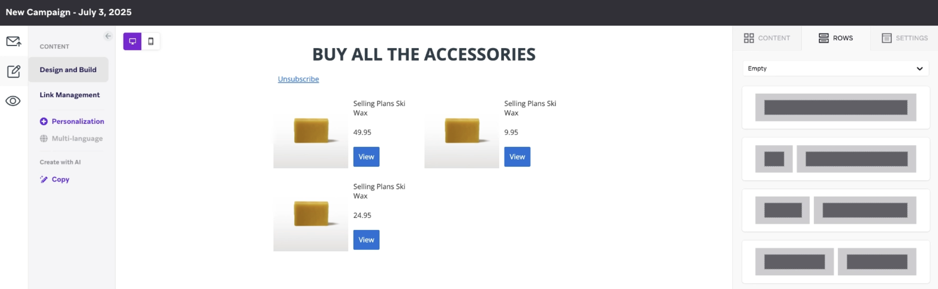 Email drag-and-drop composer showing a generate product block with different item tiles.