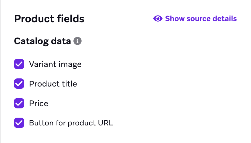 Product fields for a static product block, which are all categorized as catalog data.