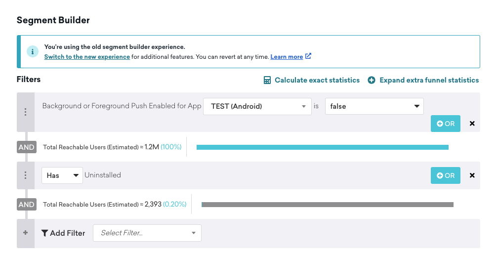 The Segment Builder section with the filter "Background or Foreground Push Enabled for App" for the TEST (Android) app is false, and the filter "Has Uninstalled" are selected to show 2,393 reachable users.