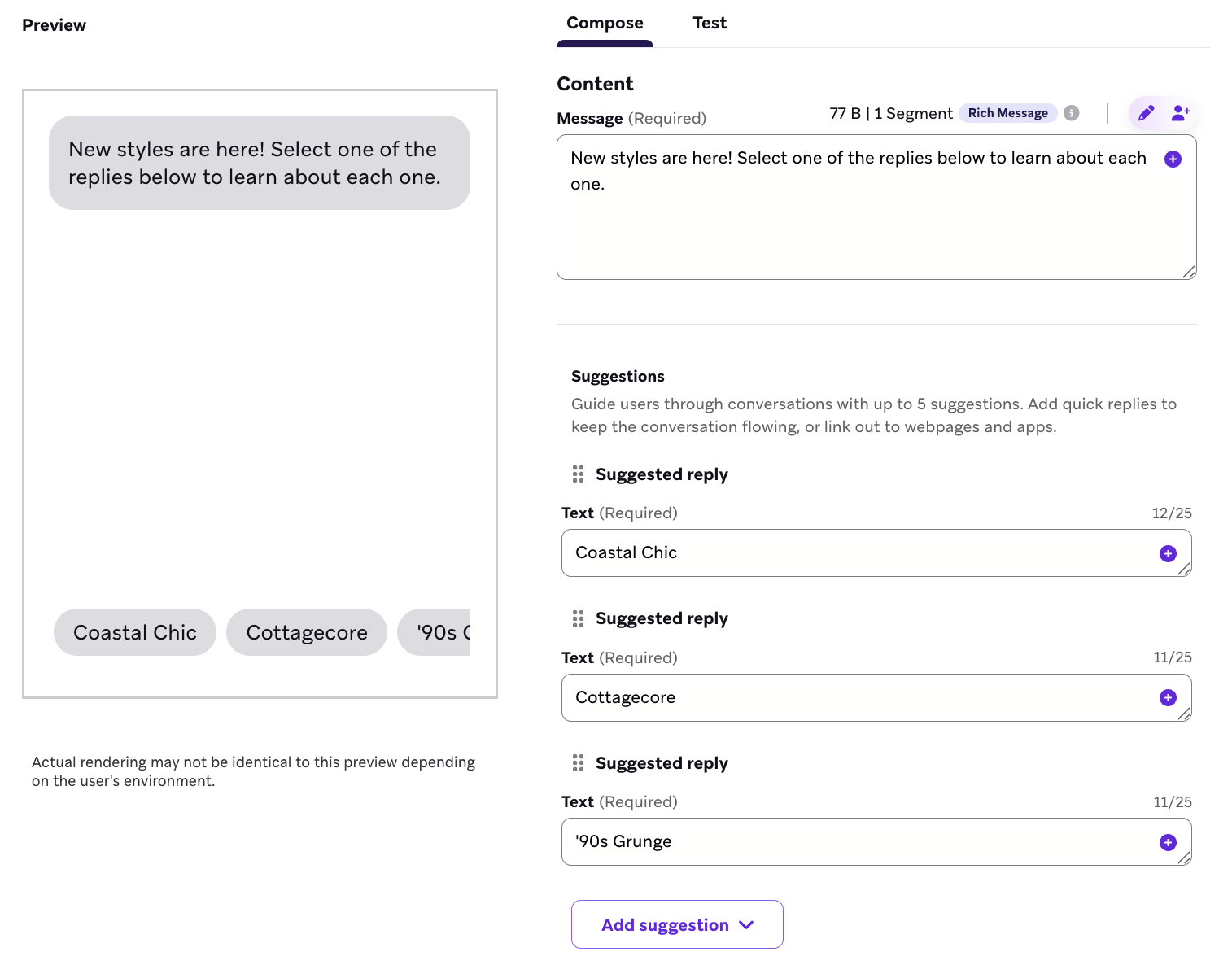 RCS message composer with suggested replies.