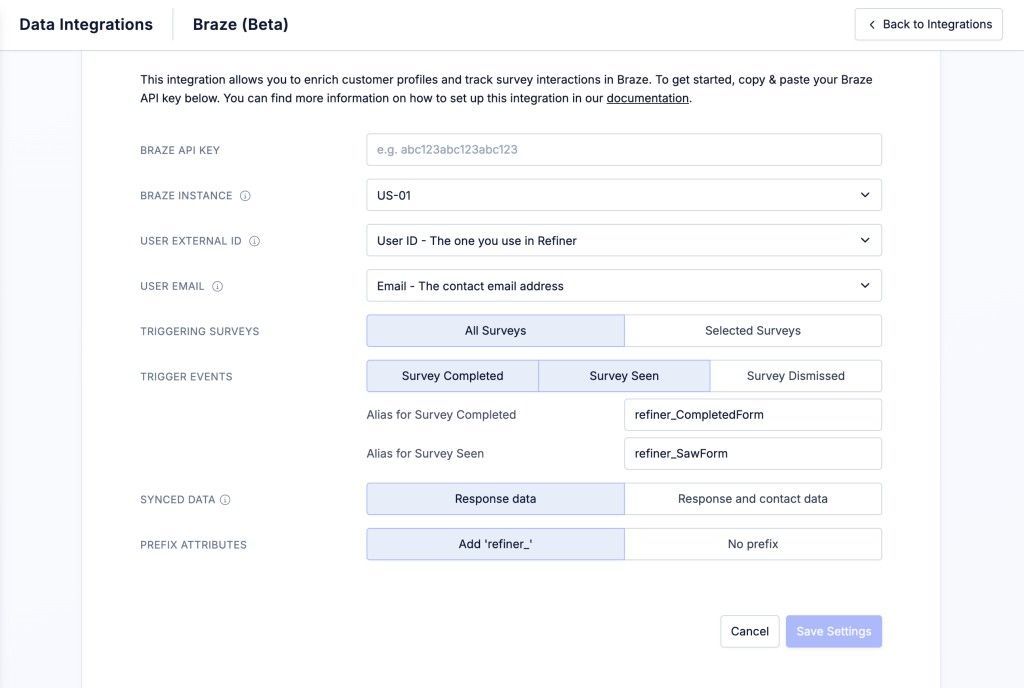 The Refiner integration settings panel showing survey selection and event mapping options.