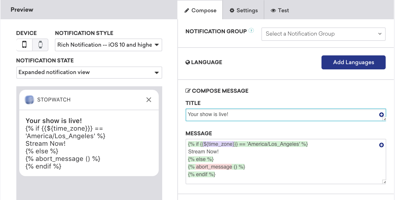 The compose step in Braze showing a message being aborted based on location.