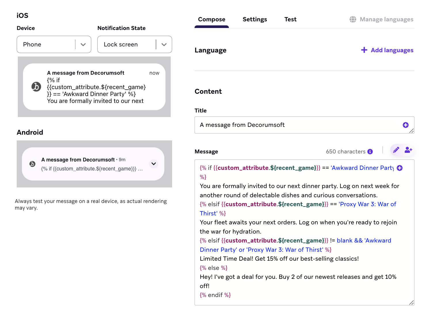 The compose step in Braze showing a message with a string custom attribute.