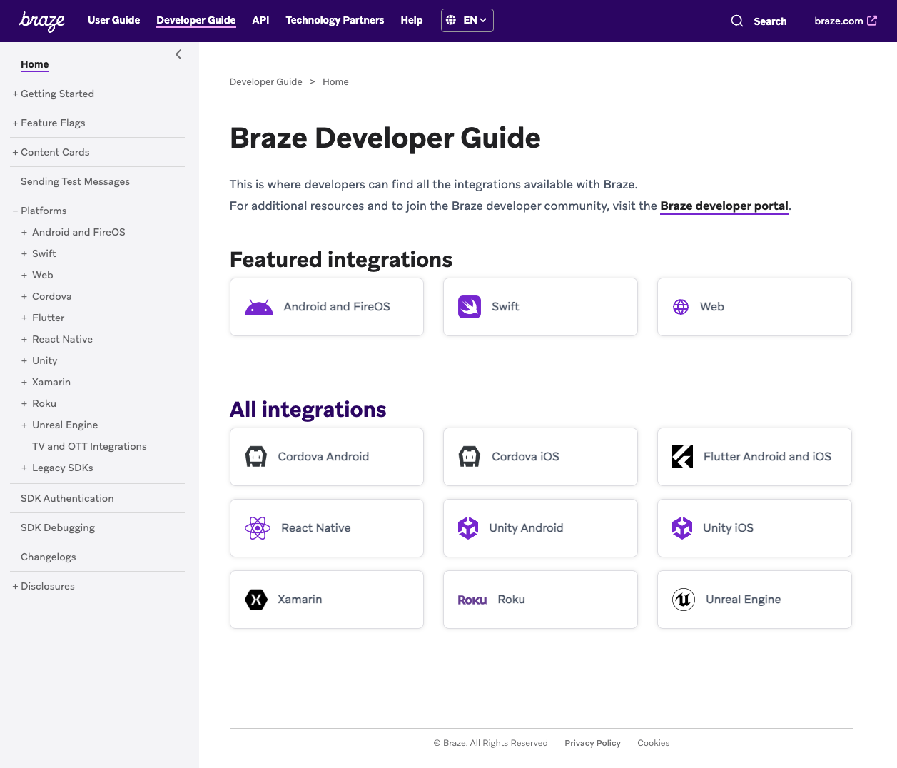 "The new navigation for the Braze Developer Guide."