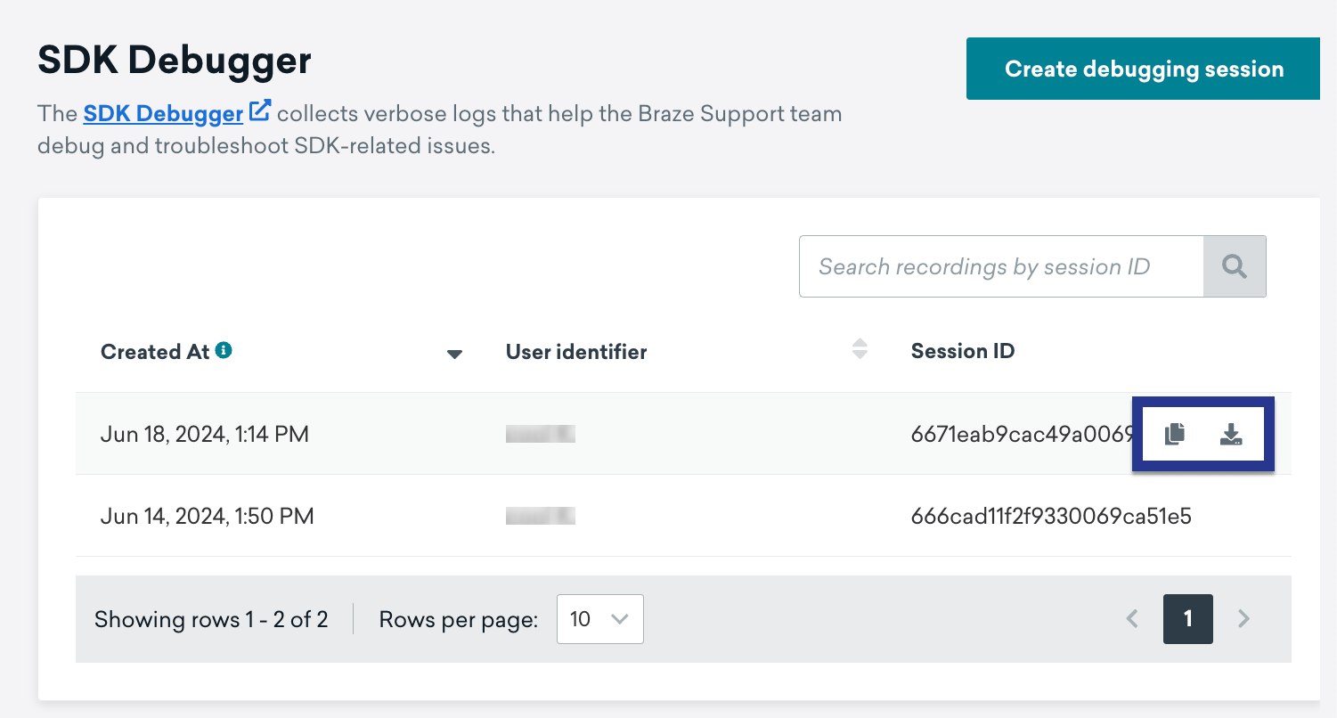 The debugging page with "Export Logs" and "Copy Session ID" shown after the session.