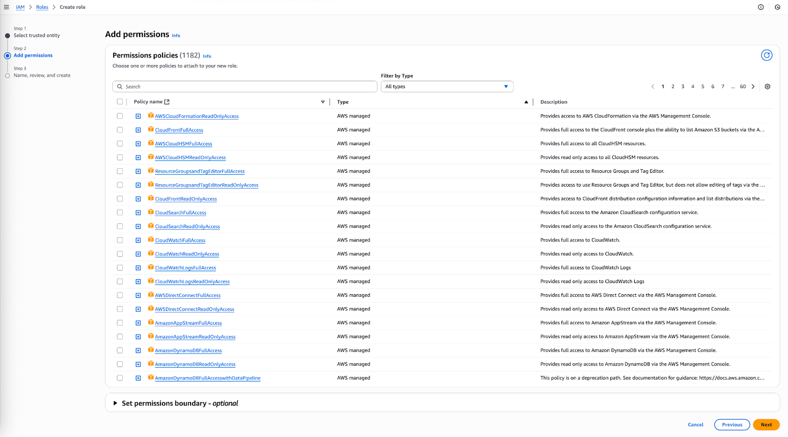 A list of policies with columns for their type and description.