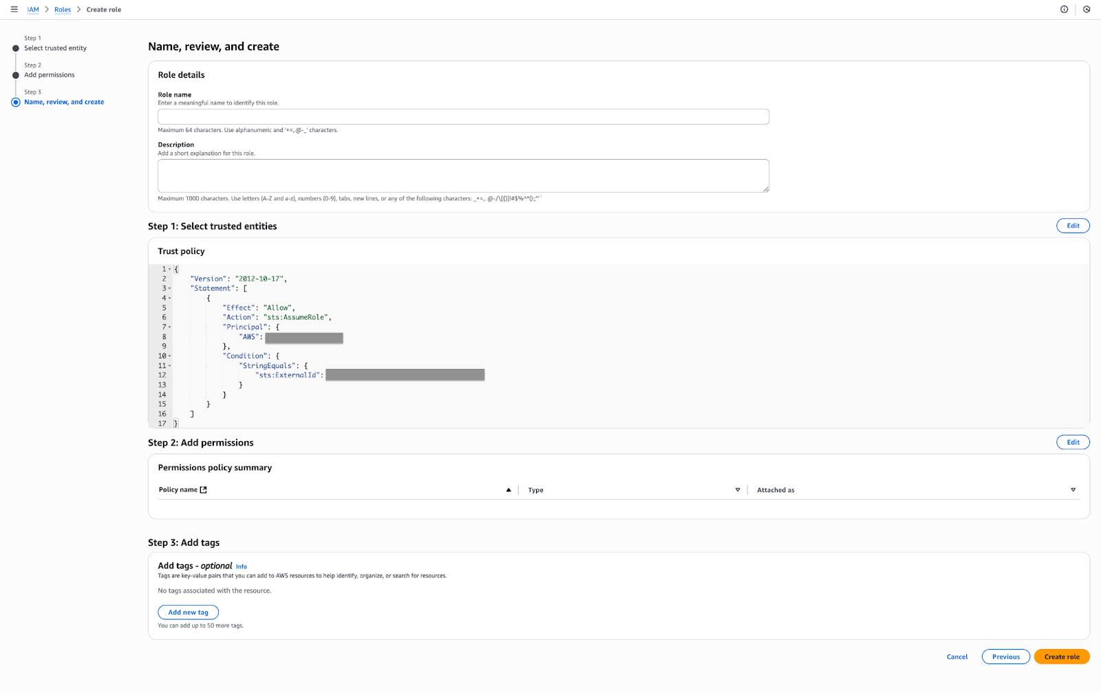 Fields to provide role details, such as the name, description, trust policy, permissions, and tags.