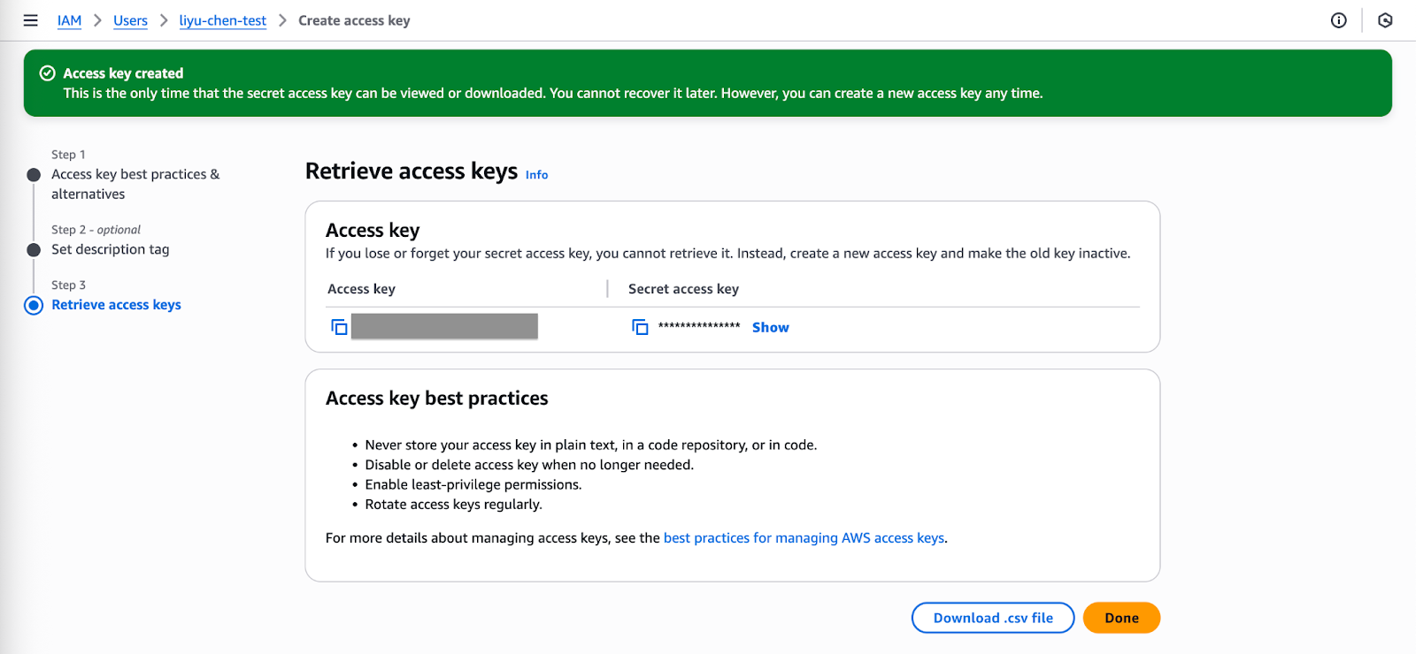 Fields containing the access key and secret access key.