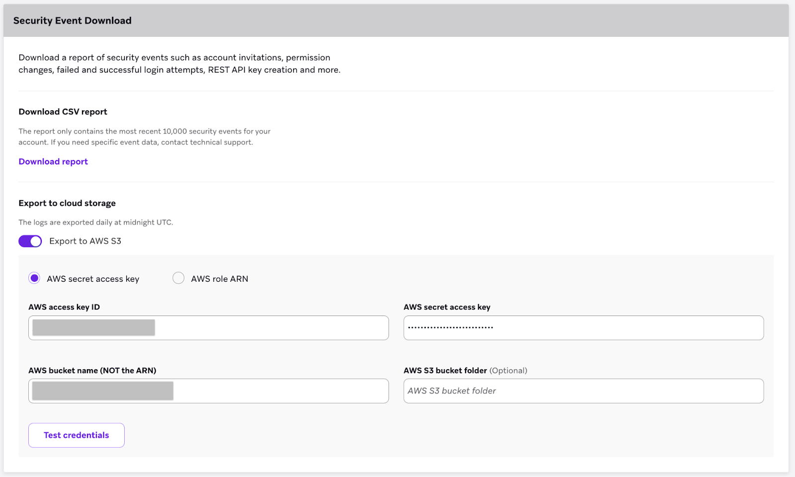 The "Security Event Download" page with populated Braze account and Braze external IDs.