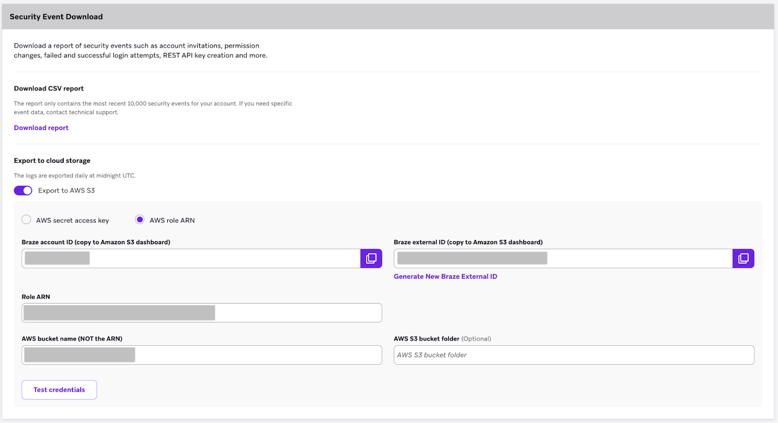 The "Security Event Download" page with populated Braze account and Braze external IDs.