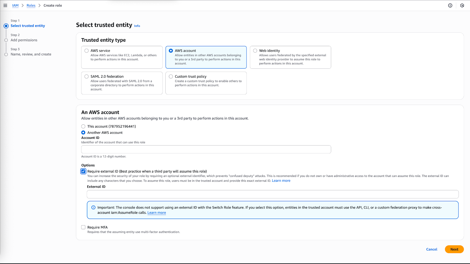 A page with options to select a trusted entity type and provide information about your AWS account.