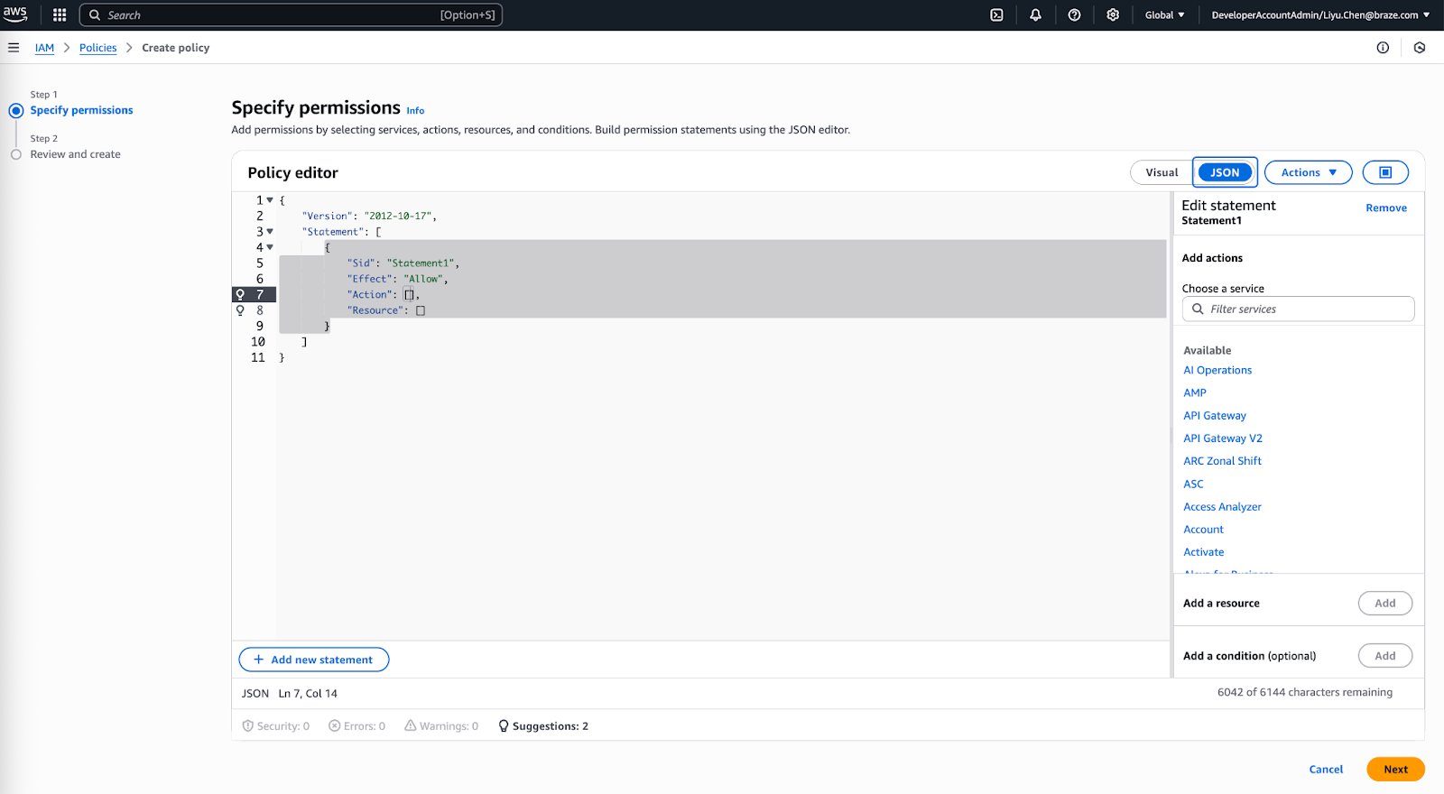 A page that allows you to review your policy and optionally add permissions.