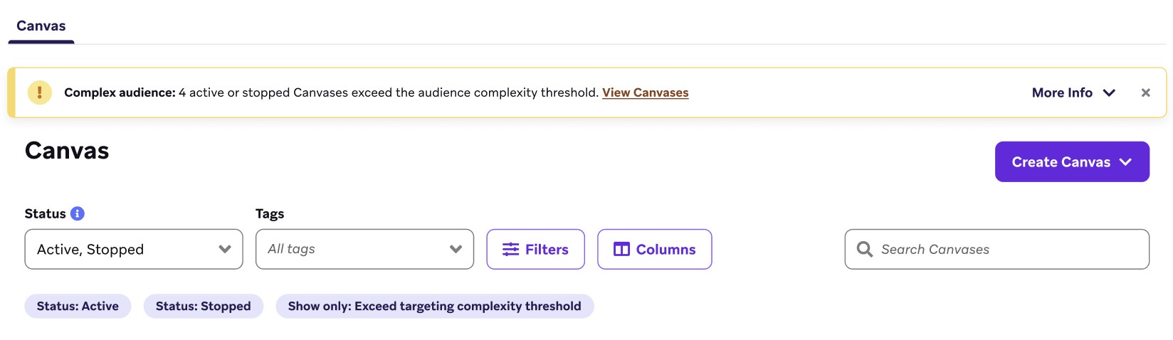 Error banner that says 4 active or stopped Canvases exceed the audience complexity threshold.