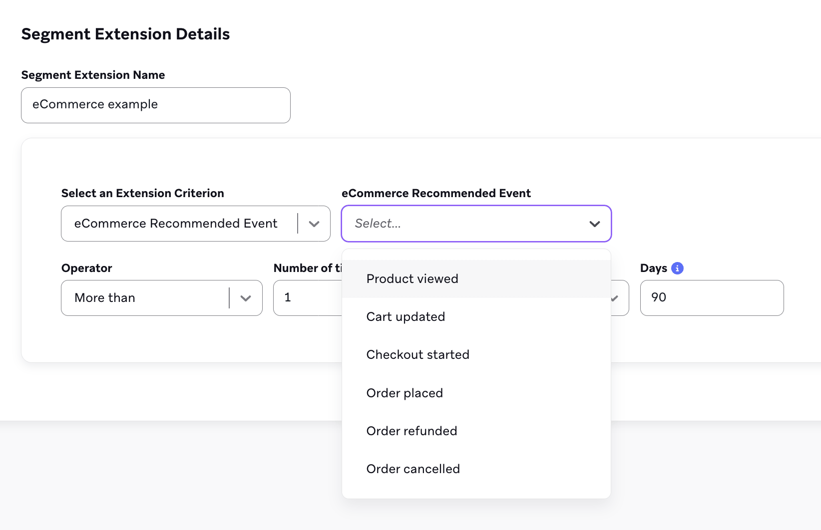 An eCommerce recommended event criterion with a dropdown of available recommended events.