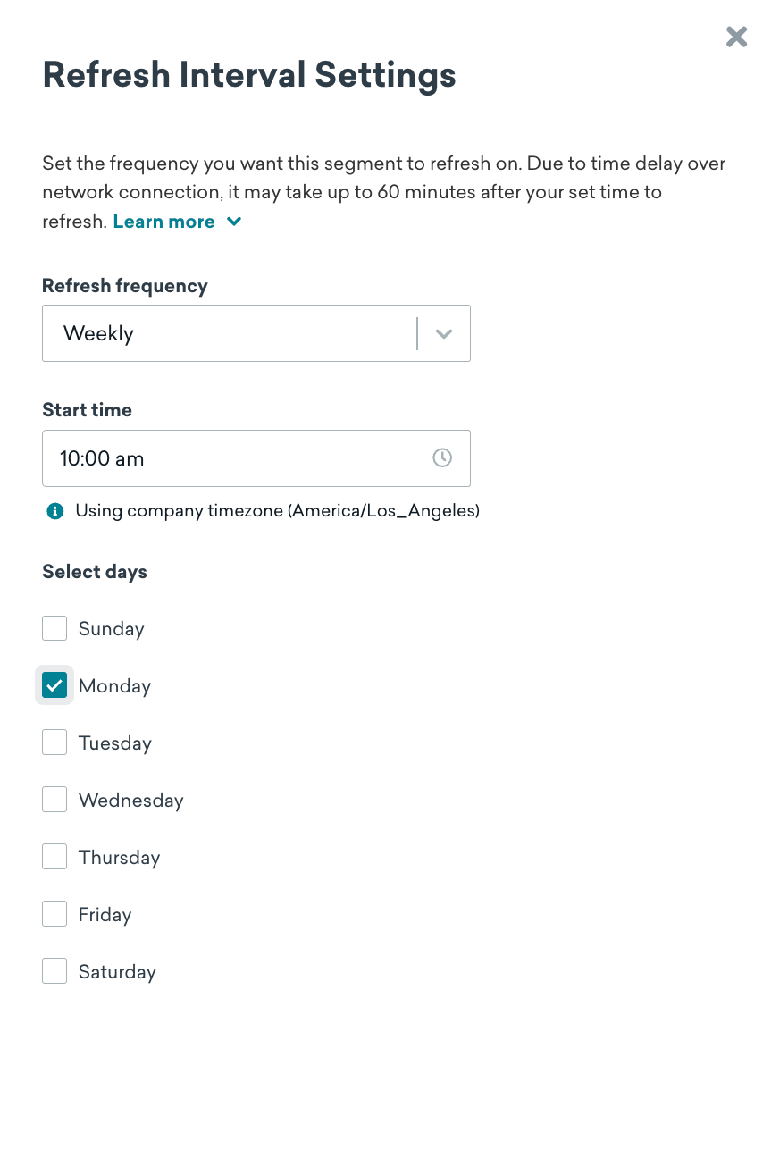 Refresh Interval Settings with a weekly refresh frequency, start time of 10 am, and Monday selected as a day.