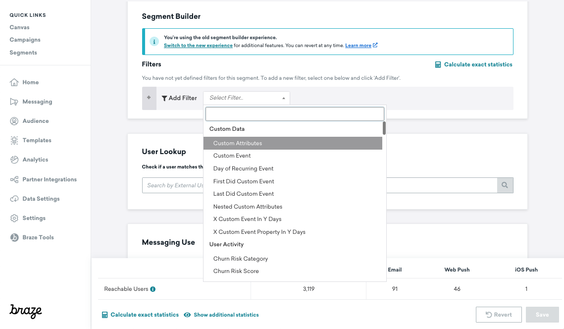 Segment Builder with the "Custom Attributes" filter selected.