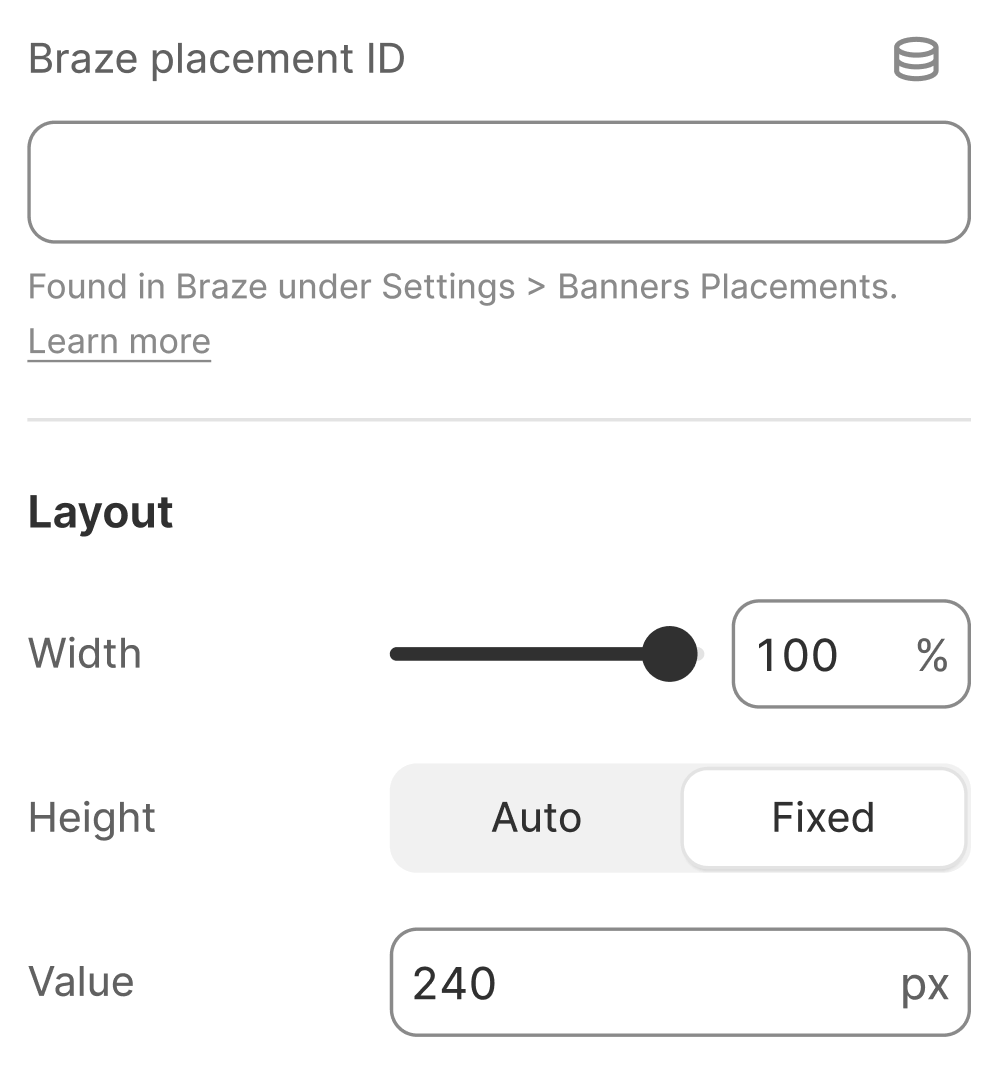 Braze Banner app block settings in the Shopify theme editor with the placement_id field.