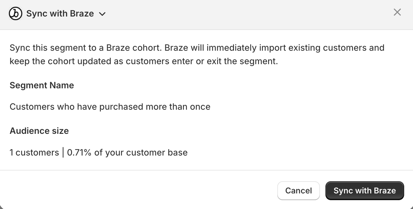 Modal with a button to sync with Braze.