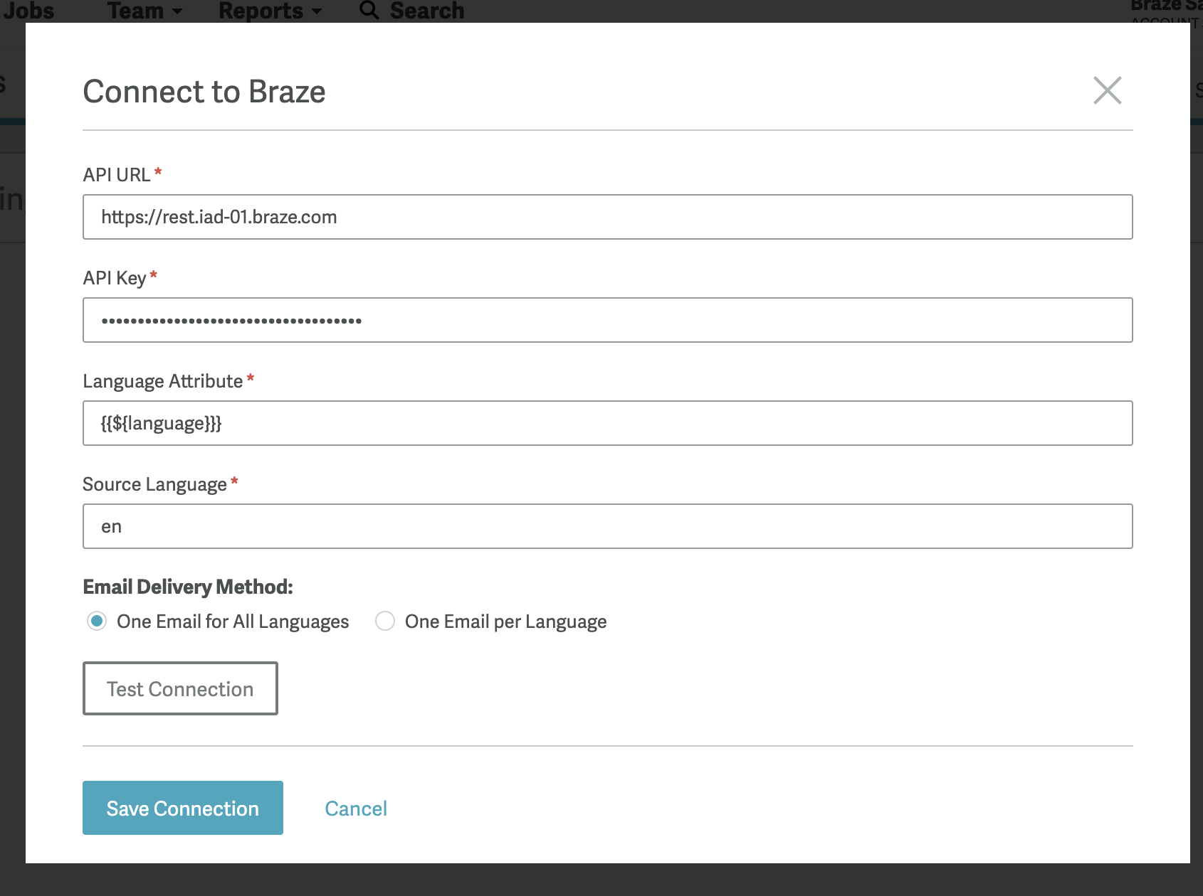 Braze connection in Smartling API settings.