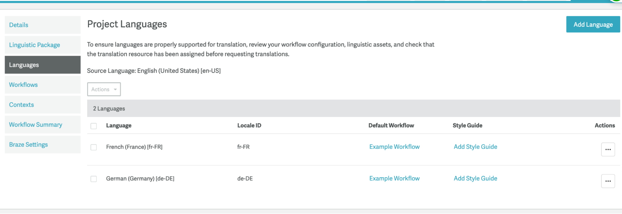 Braze connection in Smartling Project Languages.