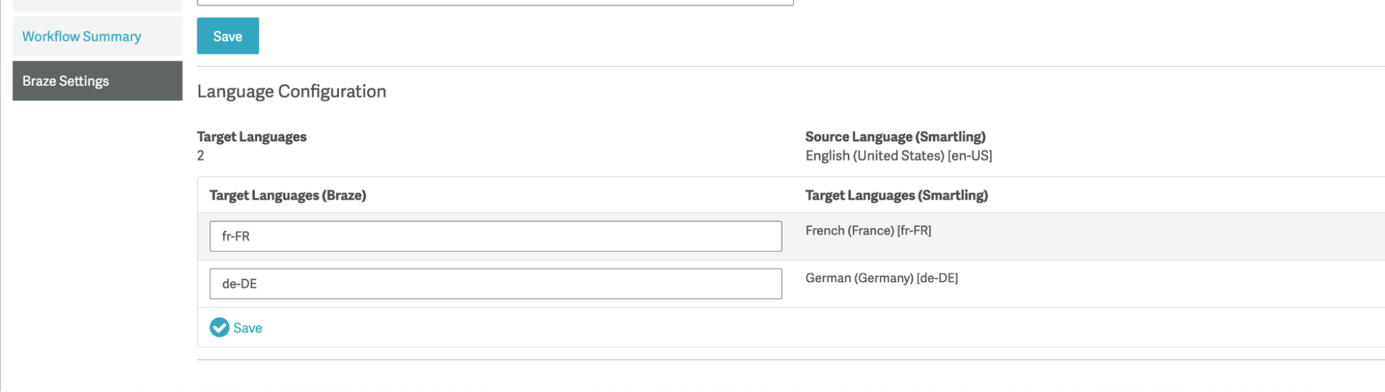 Braze connection in Smartling Language Confirmation.