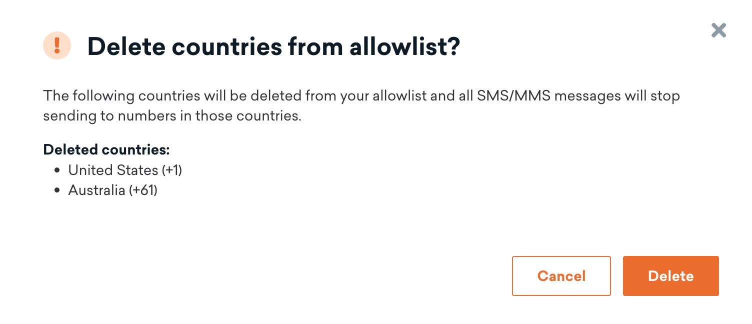 Warning modal confirming the countries that will be deleted from the allowlist.