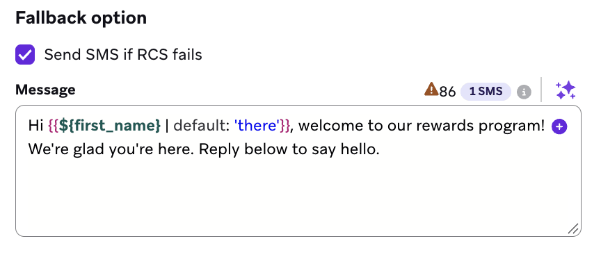 Fallback option section with Send SMS if RCS fails turned on and an SMS fallback message with a character and segment counter.