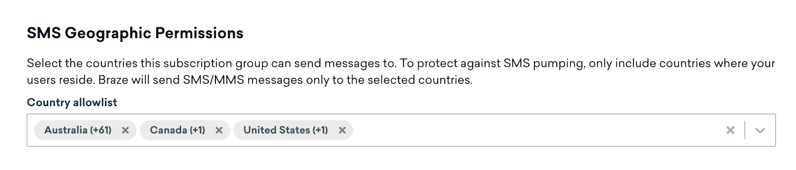 The editable SMS Geographic Permissions section for an admin with Australia, Canada, and the United States selected in the "Country allowlist".