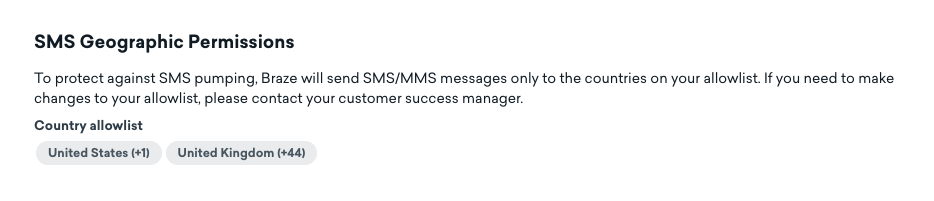 The read-only SMS Geographic Permissions section for a non-admin user with the United States and United Kingdom selected in the "Country allowlist".