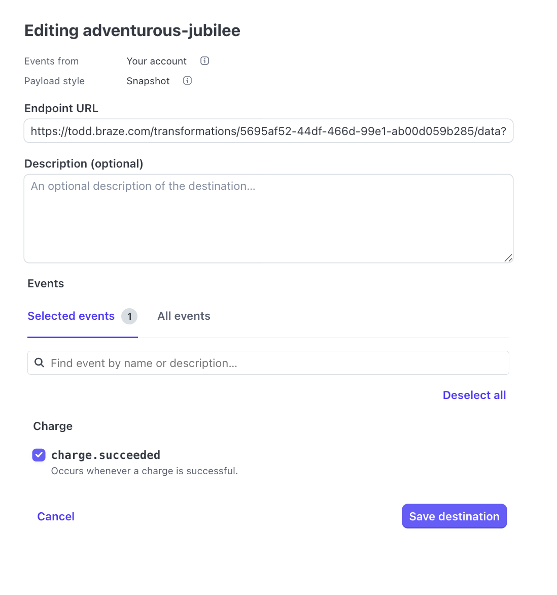 An example Stripe webhook configuration.