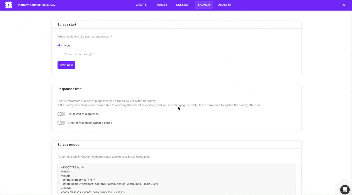 paste the code from the Launch tab of your survey to the HTML field