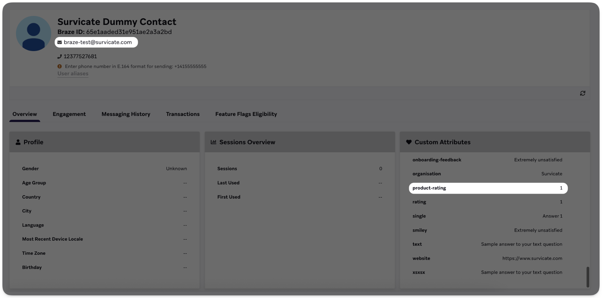 Sample data from the mapped fields in the Survicate Dummy Contact
