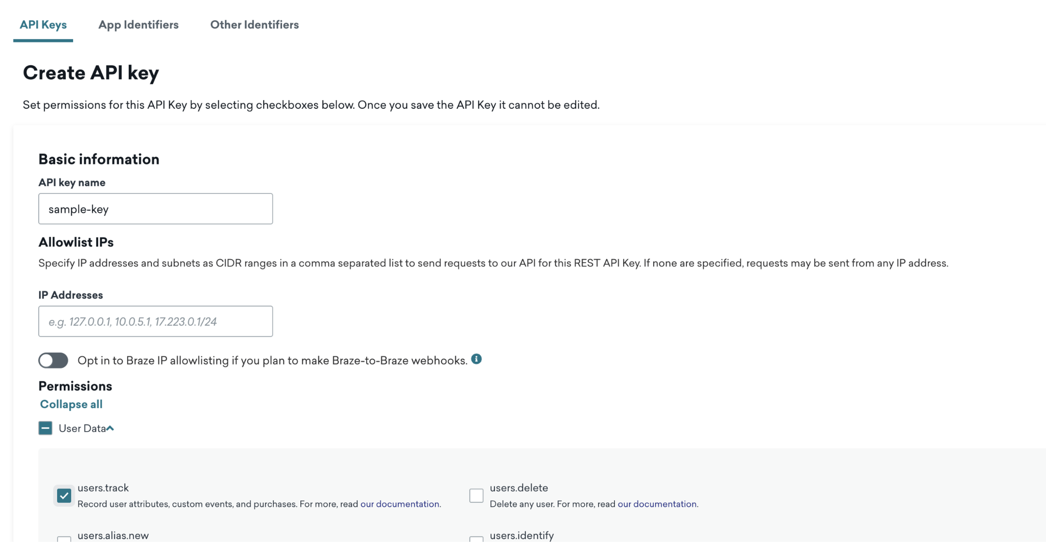Generating an API key in Braze.