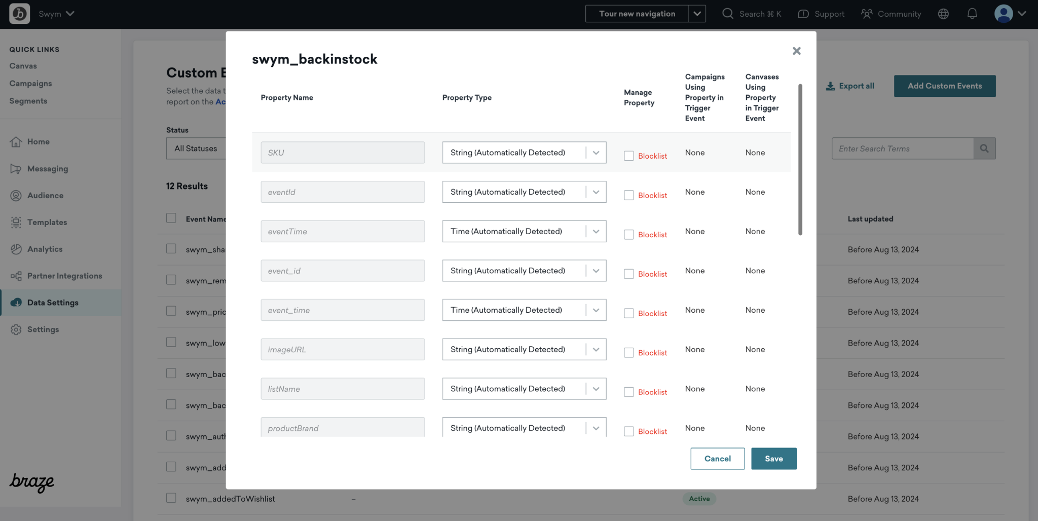 Custom properties in Braze.