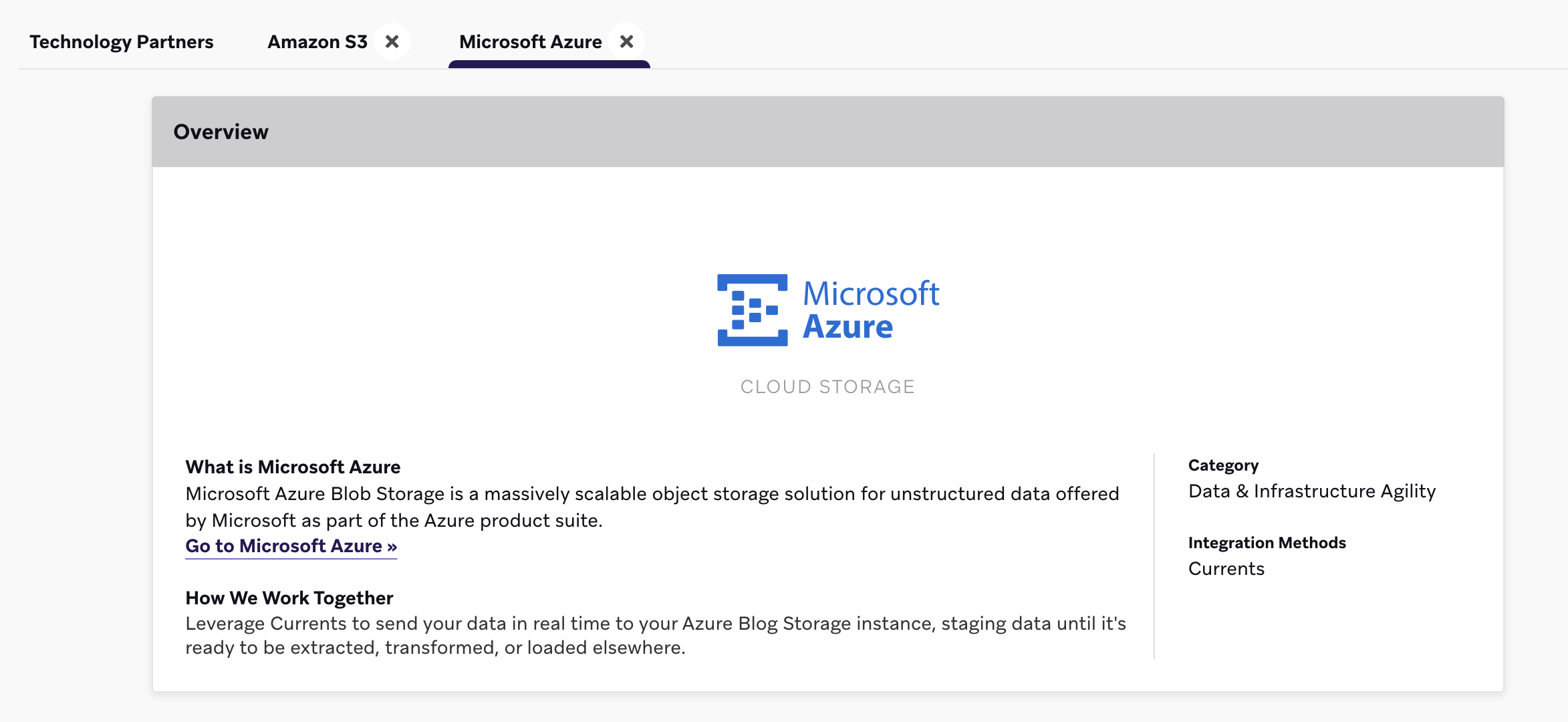 The Technology Partners page for Azure, with a tab for Amazon S3.