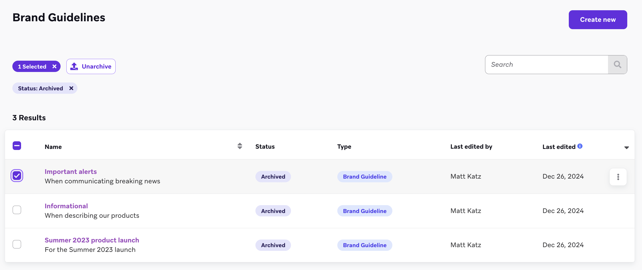 The "Brand Guidelines" page filtered for archived brand guidelines.