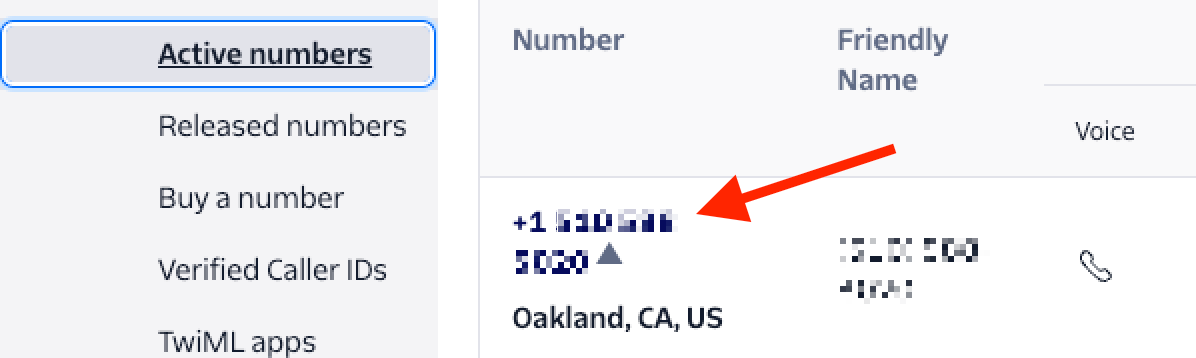 "Active Numbers" showing the purchased phone number.