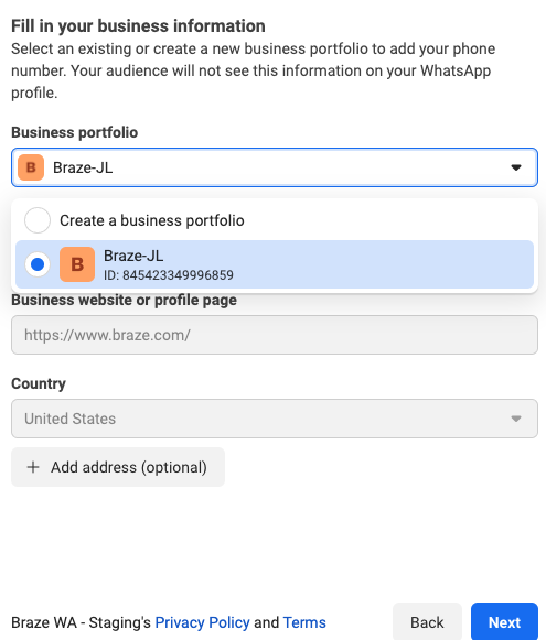 A window with fields to enter your business information, including your business portfolio name.