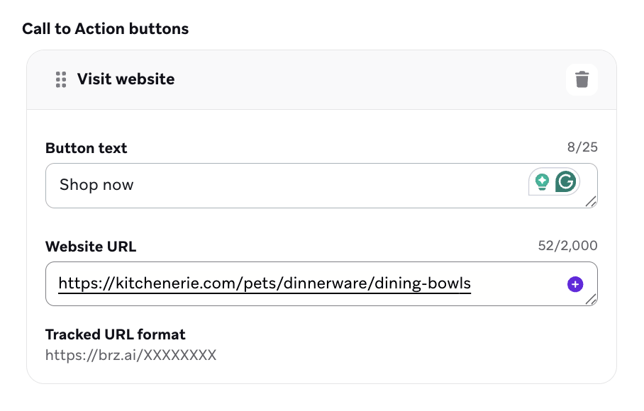 Call to Action buttons section showing a Visit website button with Website URL pre-filled to the tracked format and a Click tracking URL field for the destination.